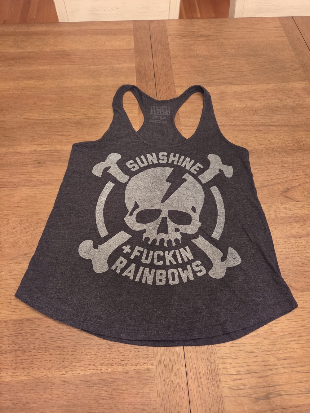 Women's Dark Gray Graphic Racerback Tank Top - Sunshine Rainbows Skull